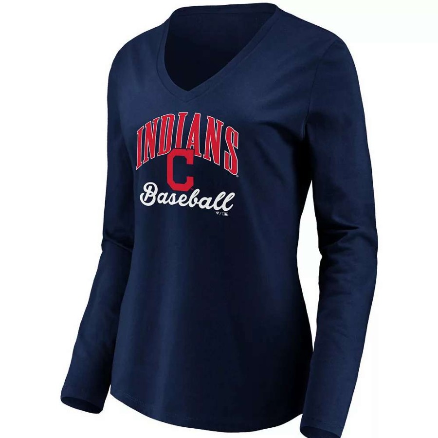 Tops * | Women'S Fanatics Branded Navy Cleveland Indians Victory Script V-Neck Long Sleeve T-Shirt