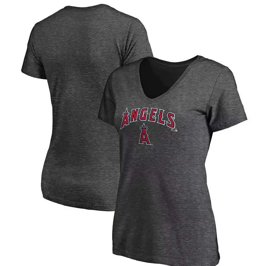 Tops * | Women'S Fanatics Branded Heathered Charcoal Los Angeles Angels Team Logo Lockup V-Neck T-Shirt