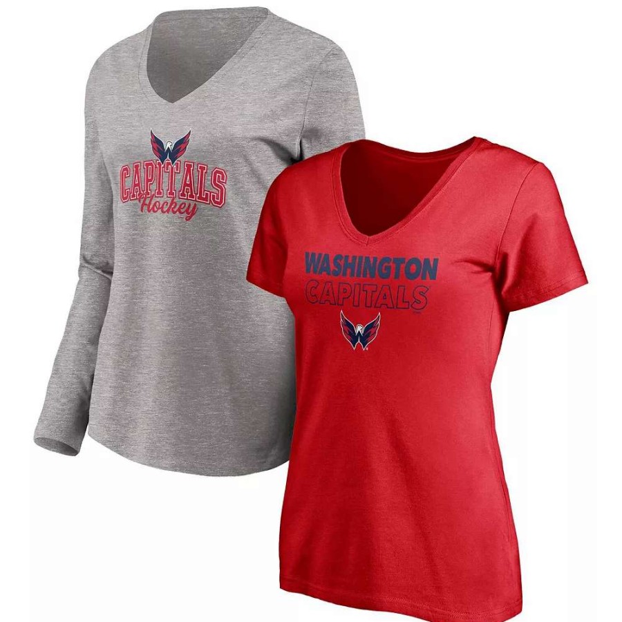 Tops * | Women'S Fanatics Branded Red/Heathered Gray Washington Capitals Short Sleeve & Long Sleeve V-Neck T-Shirt Combo Pack