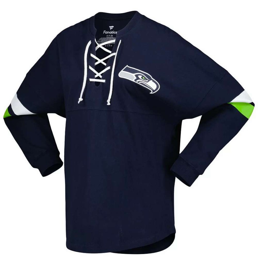 Tops * | Women'S Fanatics Branded College Navy Seattle Seahawks Spirit Jersey Lace-Up V-Neck Long Sleeve T-Shirt