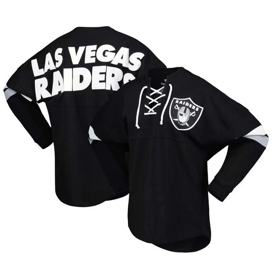 Tops * | Women'S Fanatics Branded Black Las Vegas Raiders Spirit Jersey Lace-Up V-Neck Long Sleeve T-Shirt