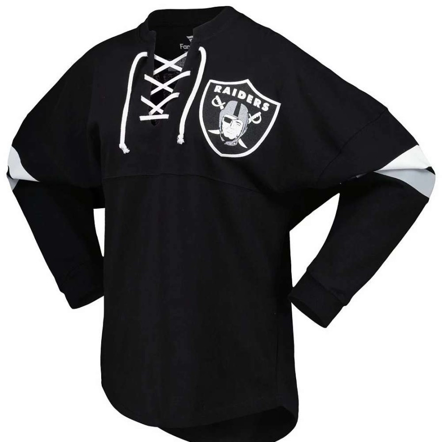 Tops * | Women'S Fanatics Branded Black Las Vegas Raiders Spirit Jersey Lace-Up V-Neck Long Sleeve T-Shirt