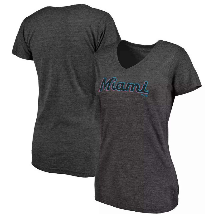 Tops * | Women'S Fanatics Branded Heathered Charcoal Miami Marlins Wordmark Tri-Blend V-Neck T-Shirt