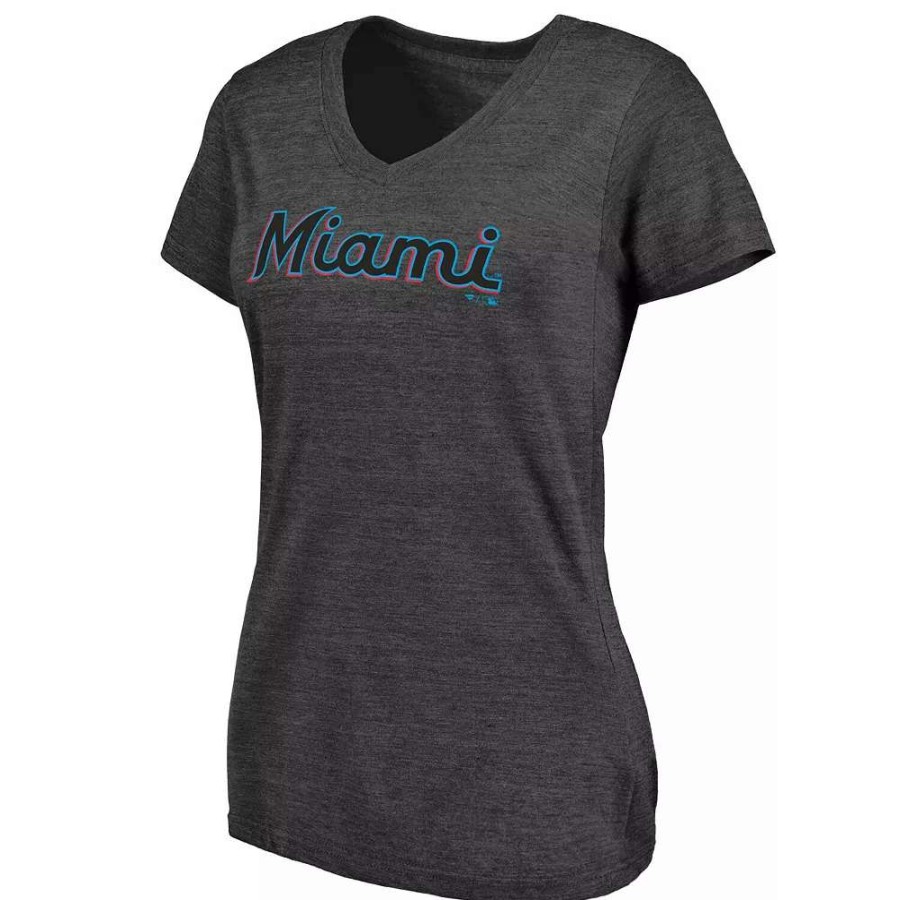 Tops * | Women'S Fanatics Branded Heathered Charcoal Miami Marlins Wordmark Tri-Blend V-Neck T-Shirt