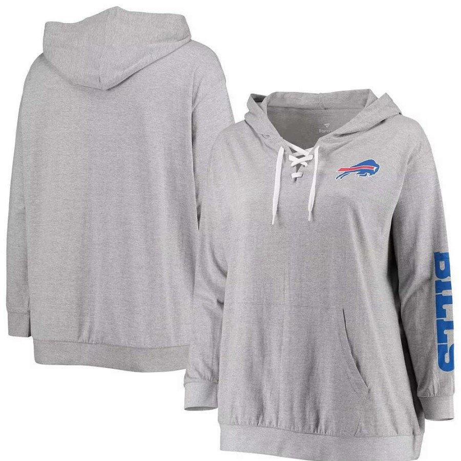 Tops * | Women'S Fanatics Branded Heathered Gray Buffalo Bills Plus Size Lace-Up Pullover Hoodie