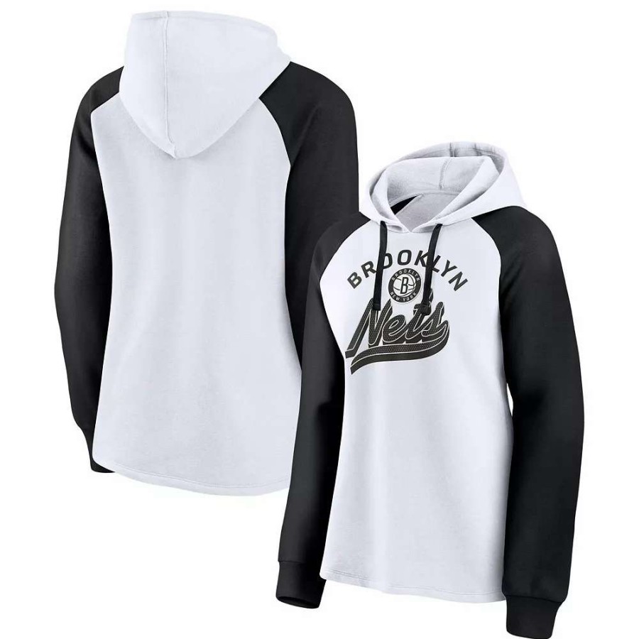 Tops * | Women'S Fanatics Branded White/Black Brooklyn Nets Record Holder Raglan Pullover Hoodie