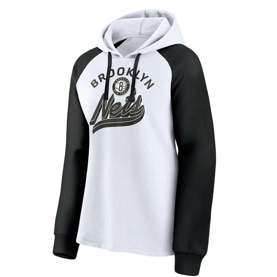 Tops * | Women'S Fanatics Branded White/Black Brooklyn Nets Record Holder Raglan Pullover Hoodie