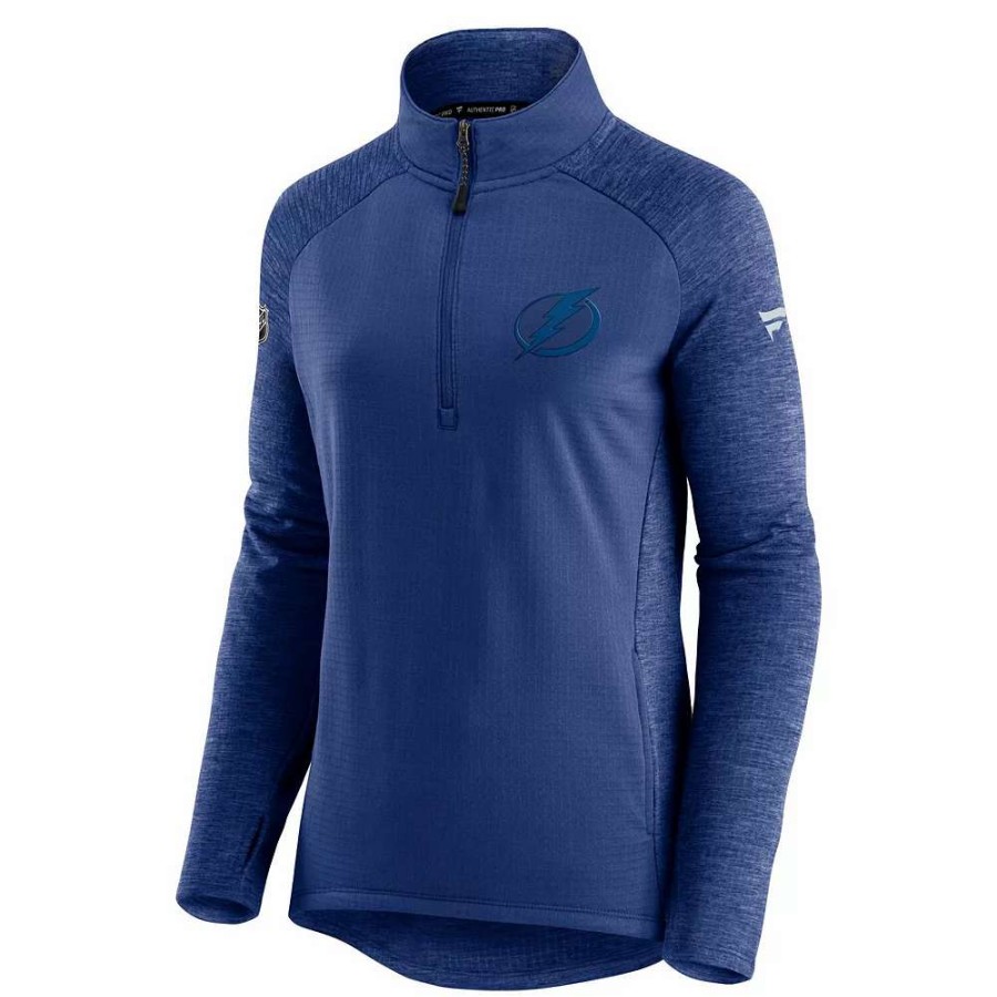 Outerwear * | Women'S Fanatics Branded Blue/Heathered Blue Tampa Bay Lightning Logo Authentic Pro Travel & Training Raglan Quarter-Zip Jacket