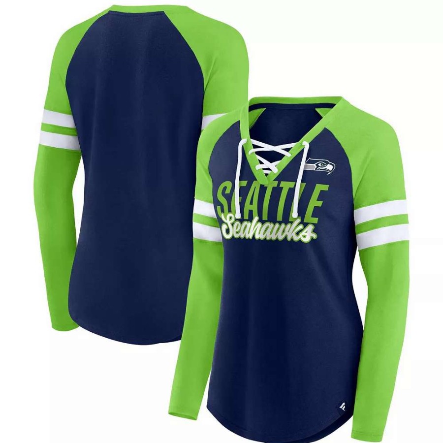 Tops * | Women'S Fanatics Branded Navy/Neon Green Seattle Seahawks Plus Size True To Form Lace-Up V-Neck Raglan Long Sleeve T-Shirt