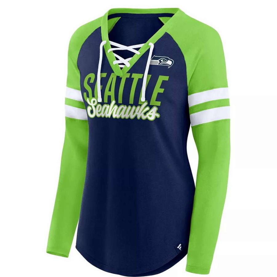 Tops * | Women'S Fanatics Branded Navy/Neon Green Seattle Seahawks Plus Size True To Form Lace-Up V-Neck Raglan Long Sleeve T-Shirt