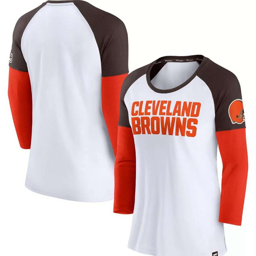 Tops * | Women'S Fanatics Branded White/Brown Cleveland Browns Durable Raglan 3/4-Sleeve T-Shirt