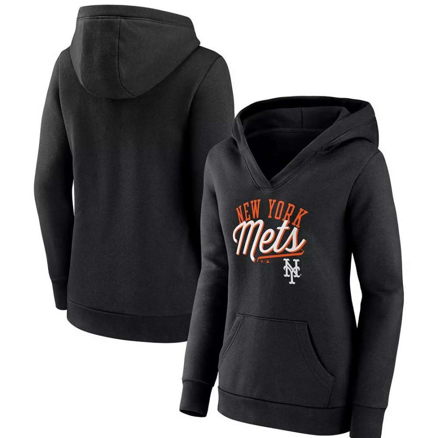 Tops * | Women'S Fanatics Branded Black New York Mets Simplicity Crossover V-Neck Pullover Hoodie