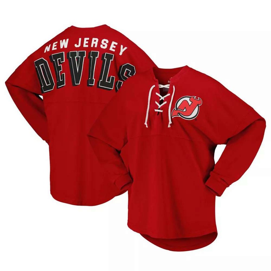 Tops * | Women'S Fanatics Branded Red New Jersey Devils Spirit Lace-Up V-Neck Long Sleeve Jersey T-Shirt