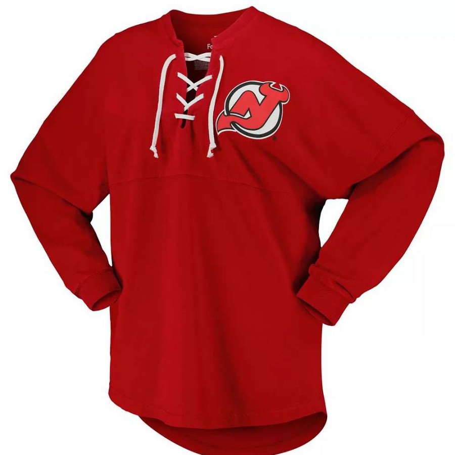 Tops * | Women'S Fanatics Branded Red New Jersey Devils Spirit Lace-Up V-Neck Long Sleeve Jersey T-Shirt