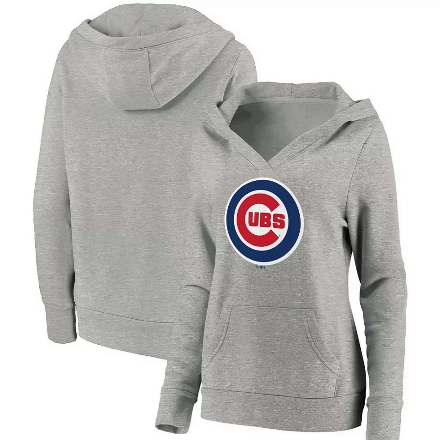 Tops * | Women'S Fanatics Branded Heathered Gray Chicago Cubs Official Logo Crossover V-Neck Pullover Hoodie