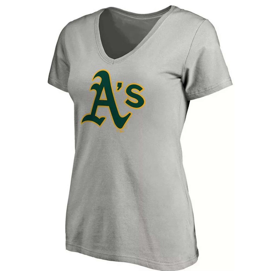 Tops * | Women'S Fanatics Branded Heathered Gray Oakland Athletics Core Official Logo V-Neck T-Shirt