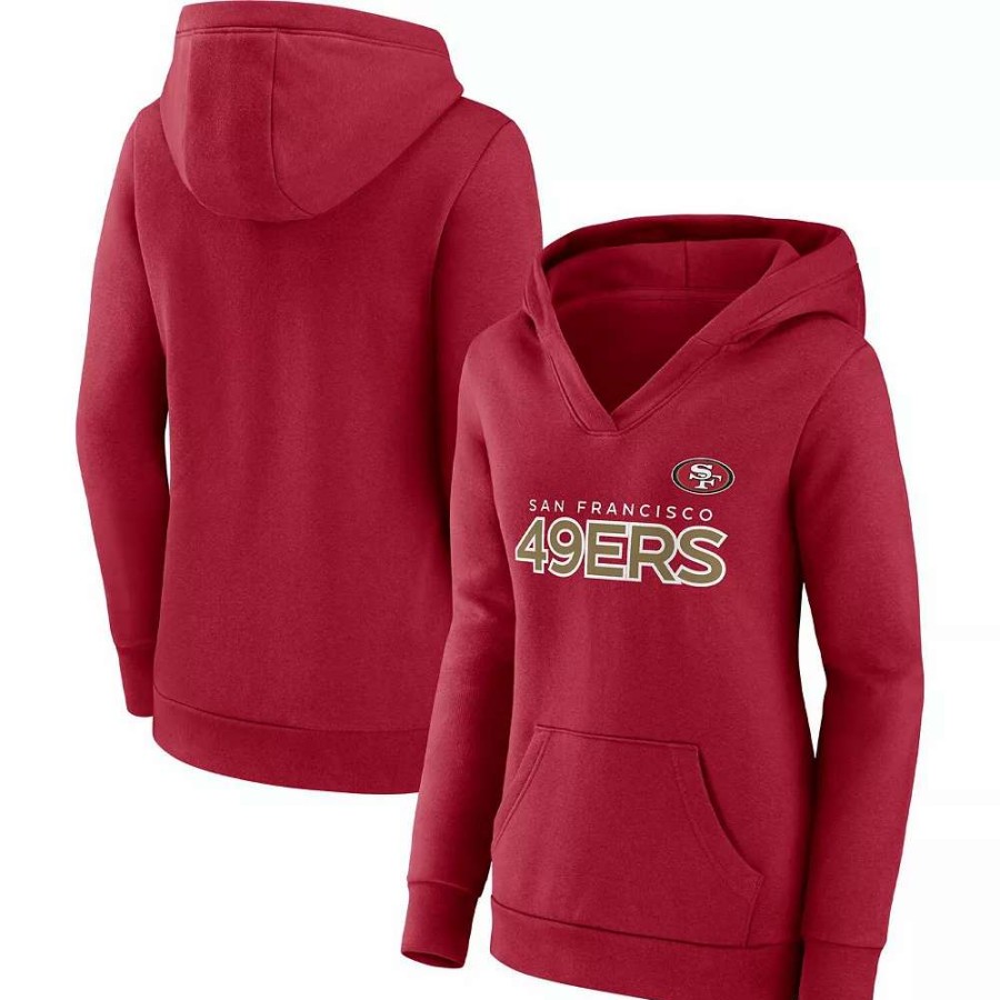 Tops * | Women'S Fanatics Branded Scarlet San Francisco 49Ers Checklist Crossover V-Neck Pullover Hoodie