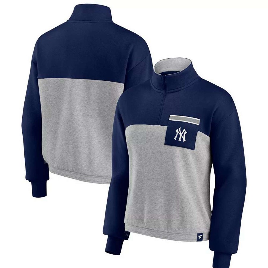 Outerwear * | Women'S Fanatics Branded Navy/Heather Gray New York Yankees Iconic Cinch Waist Quarter-Zip Top