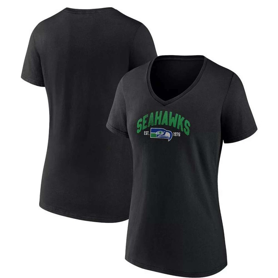 Tops * | Women'S Fanatics Branded Black Seattle Seahawks Plus Size Drop Back V-Neck T-Shirt