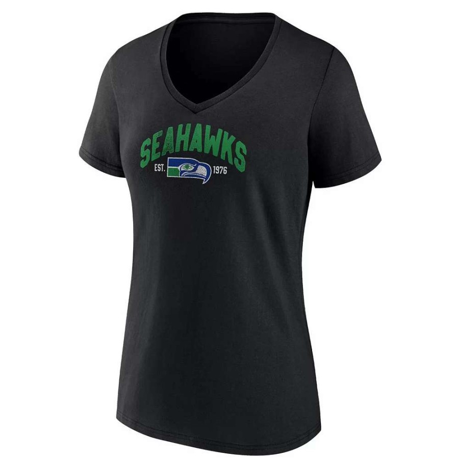 Tops * | Women'S Fanatics Branded Black Seattle Seahawks Plus Size Drop Back V-Neck T-Shirt