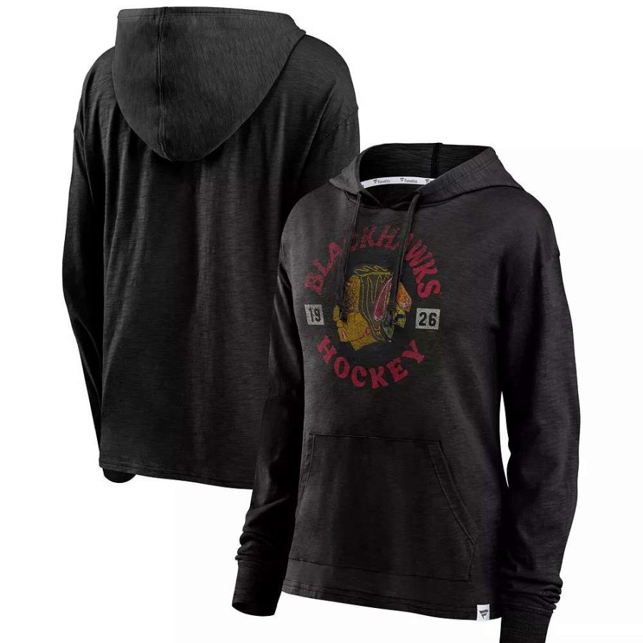 Tops * | Women'S Fanatics Branded Black Chicago Blackhawks Heritage Salvation Waffle Pullover Hoodie