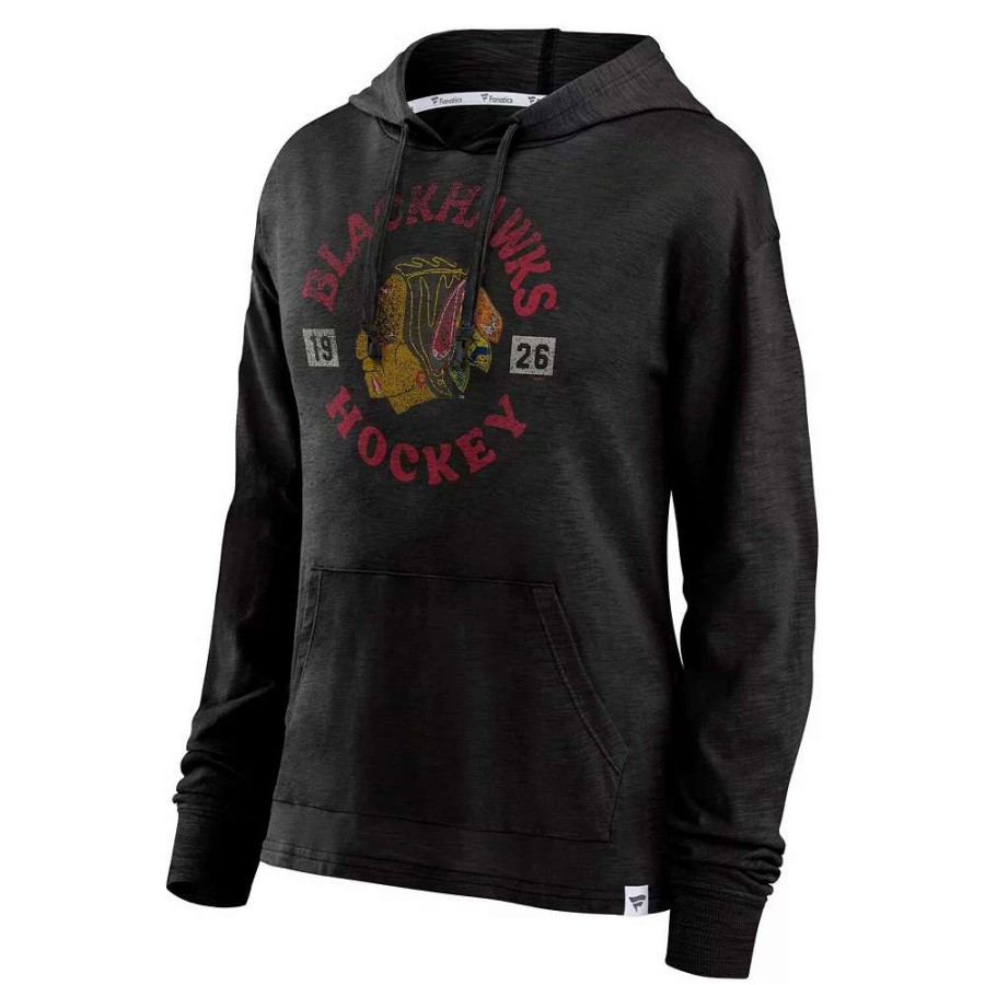 Tops * | Women'S Fanatics Branded Black Chicago Blackhawks Heritage Salvation Waffle Pullover Hoodie