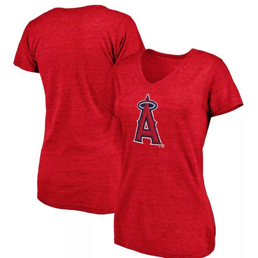 Tops * | Women'S Fanatics Branded Heathered Red Los Angeles Angels Core Weathered Tri-Blend V-Neck T-Shirt