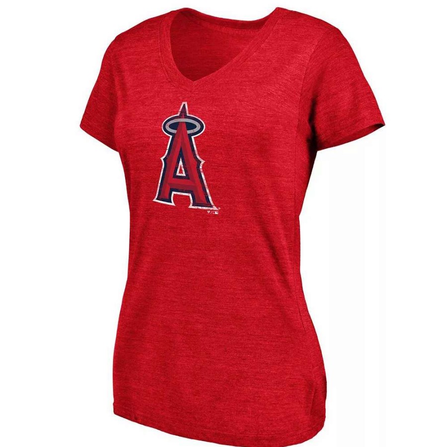 Tops * | Women'S Fanatics Branded Heathered Red Los Angeles Angels Core Weathered Tri-Blend V-Neck T-Shirt