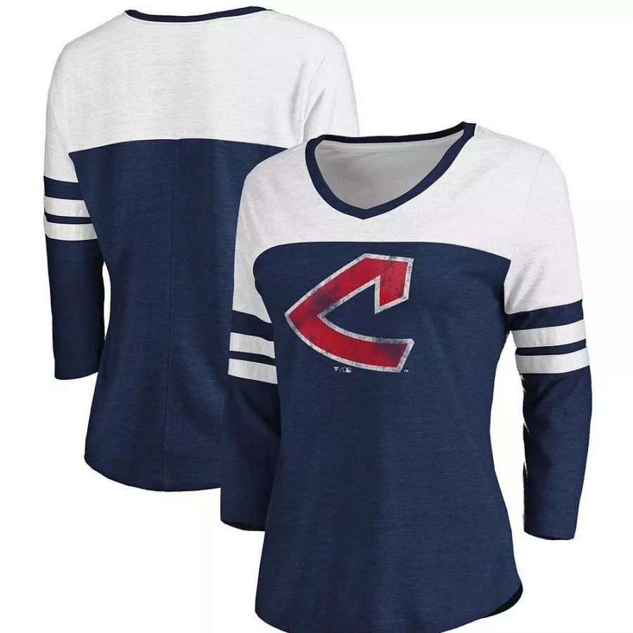 Tops * | Women'S Fanatics Branded Heathered Navy/White Cleveland Indians Two-Toned Distressed Cooperstown Collection Tri-Blend 3/4-Sleeve V-Neck T-Shirt