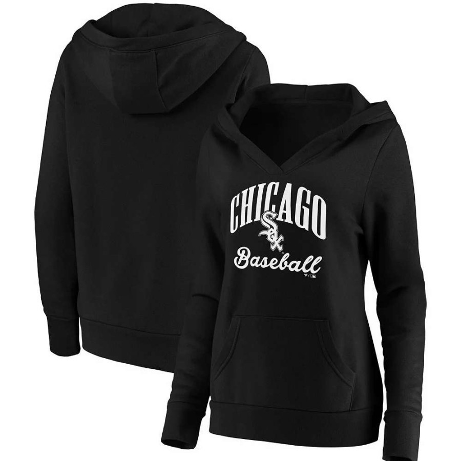 Tops * | Women'S Fanatics Branded Black Chicago White Sox Victory Script Crossover Neck Pullover Hoodie