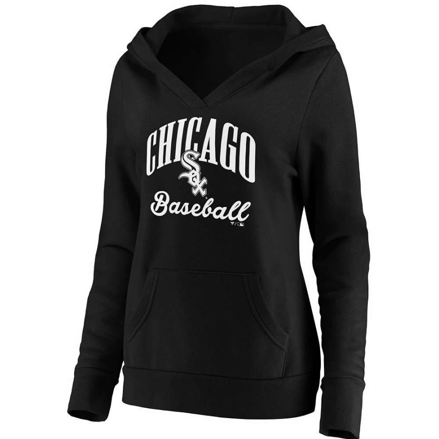 Tops * | Women'S Fanatics Branded Black Chicago White Sox Victory Script Crossover Neck Pullover Hoodie