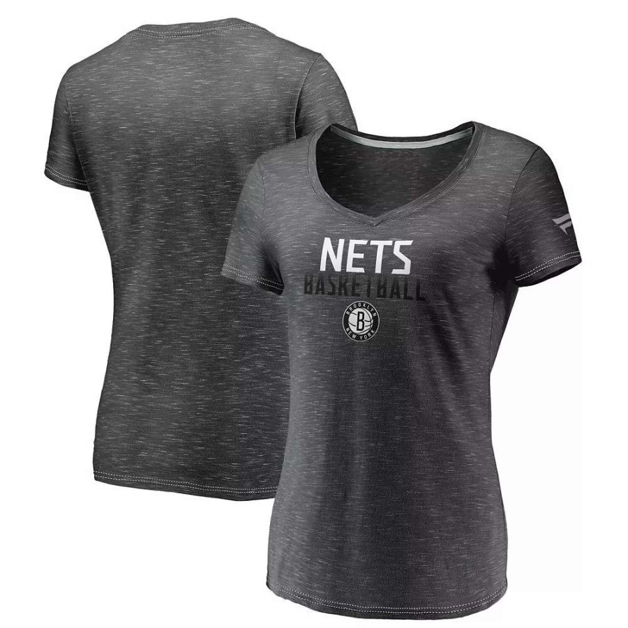 Tops * | Women'S Fanatics Branded Charcoal Brooklyn Nets Double-Fade Space-Dye V-Neck T-Shirt