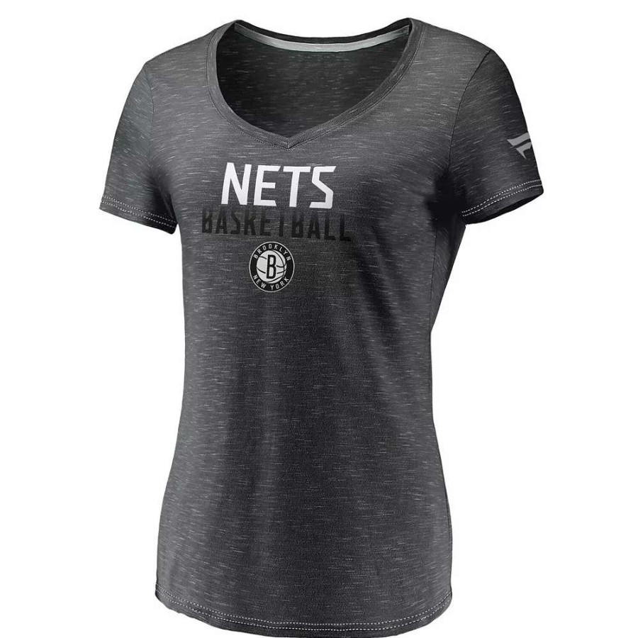 Tops * | Women'S Fanatics Branded Charcoal Brooklyn Nets Double-Fade Space-Dye V-Neck T-Shirt