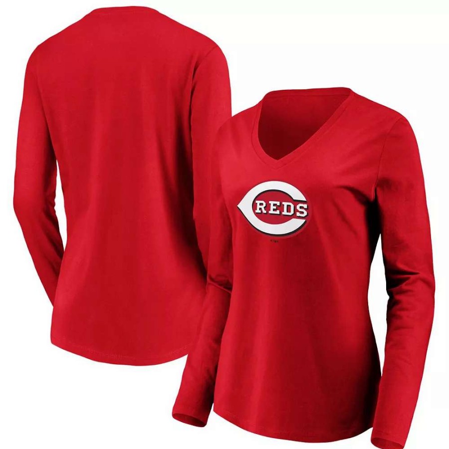 Tops * | Women'S Fanatics Branded Red Cincinnati Reds Official Logo Long Sleeve V-Neck T-Shirt