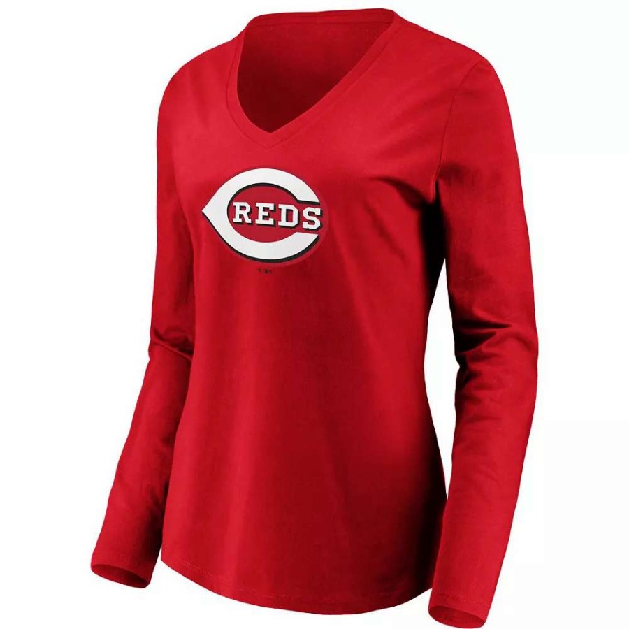 Tops * | Women'S Fanatics Branded Red Cincinnati Reds Official Logo Long Sleeve V-Neck T-Shirt