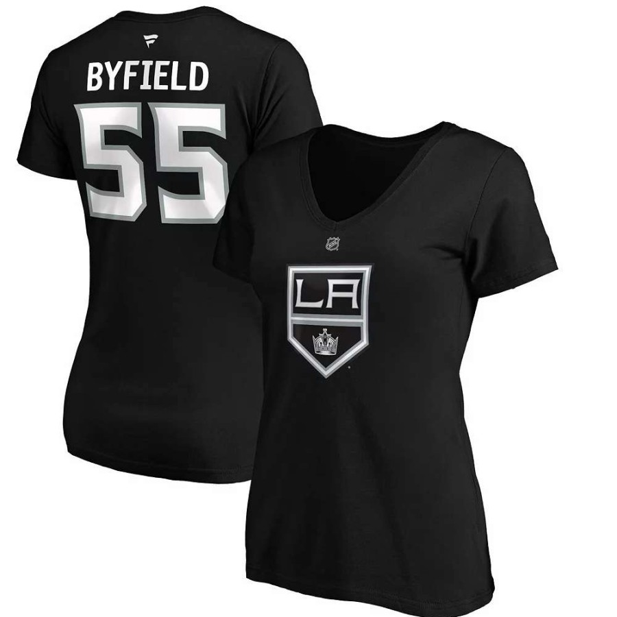 Tops * | Women'S Fanatics Branded Quinton Byfield Black Los Angeles Kings Authentic Stack Name & Number V-Neck T-Shirt