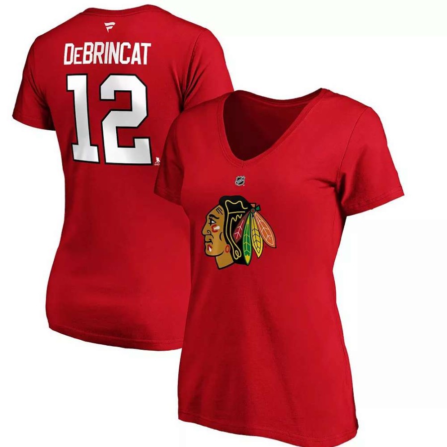 Tops * | Women'S Fanatics Branded Alex Debrincat Red Chicago Blackhawks Authentic Stack Name & Number V-Neck T-Shirt