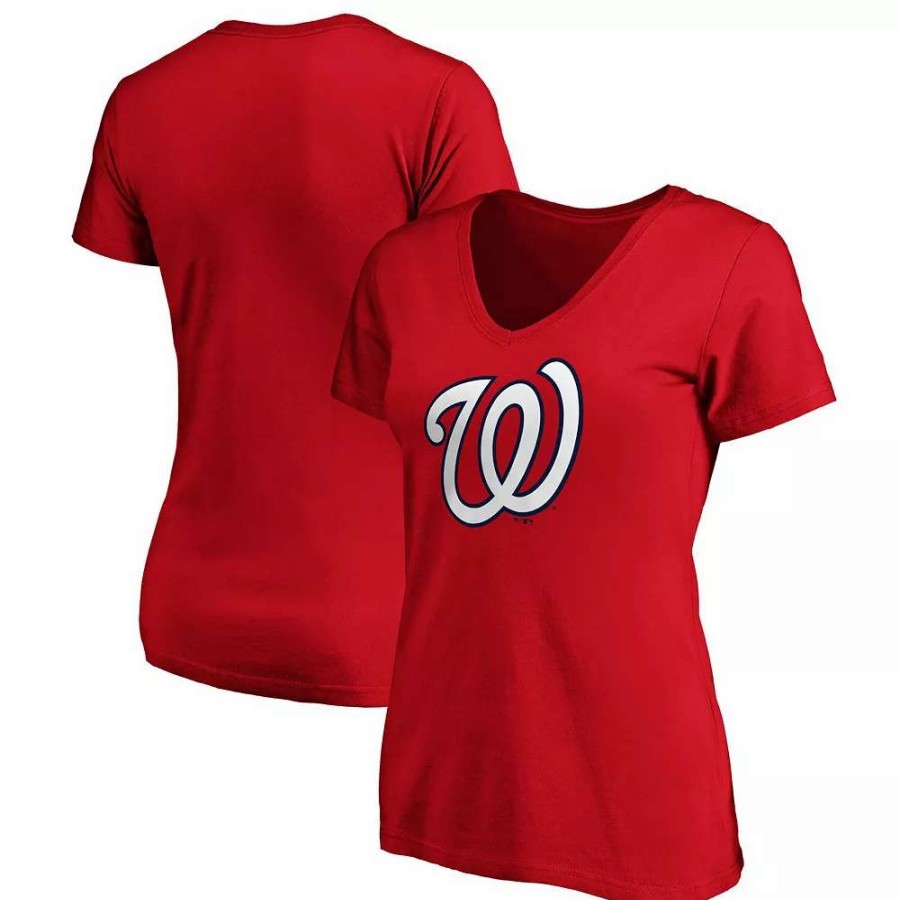 Tops * | Women'S Fanatics Branded Red Washington Nationals Plus Size Core Official Logo V-Neck T-Shirt