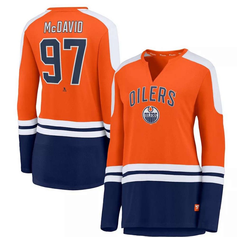 Tops * | Women'S Fanatics Branded Connor Mcdavid Orange/Navy Edmonton Oilers Power Player Long Sleeve Notch Neck T-Shirt