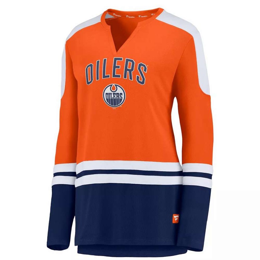 Tops * | Women'S Fanatics Branded Connor Mcdavid Orange/Navy Edmonton Oilers Power Player Long Sleeve Notch Neck T-Shirt