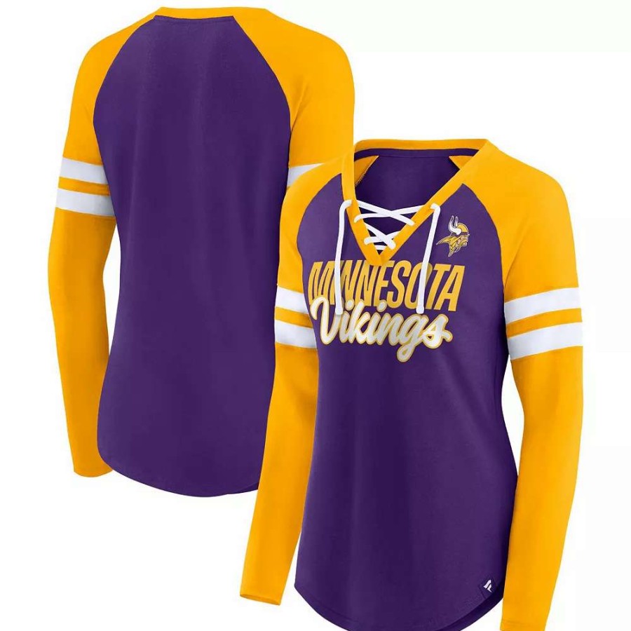 Tops * | Women'S Fanatics Branded Purple/Gold Minnesota Vikings True To Form Raglan Lace-Up V-Neck Long Sleeve T-Shirt