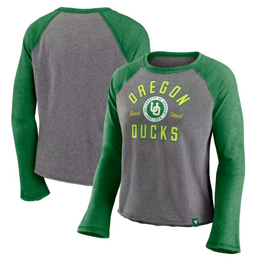 Tops * | Women'S Majestic Heathered Gray/Heathered Green Oregon Ducks Competitive Edge Cropped Raglan Long Sleeve T-Shirt