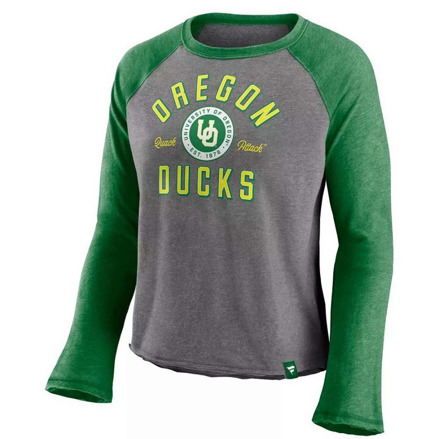 Tops * | Women'S Majestic Heathered Gray/Heathered Green Oregon Ducks Competitive Edge Cropped Raglan Long Sleeve T-Shirt