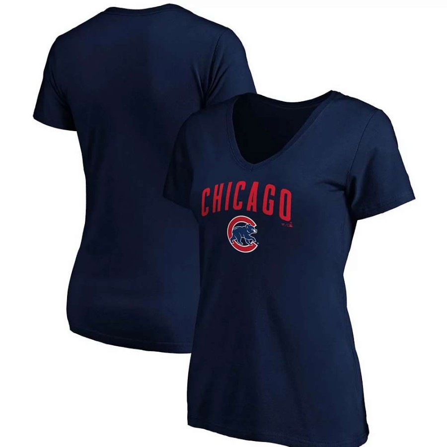 Tops * | Women'S Fanatics Branded Navy Chicago Cubs Team Logo Lockup V-Neck T-Shirt