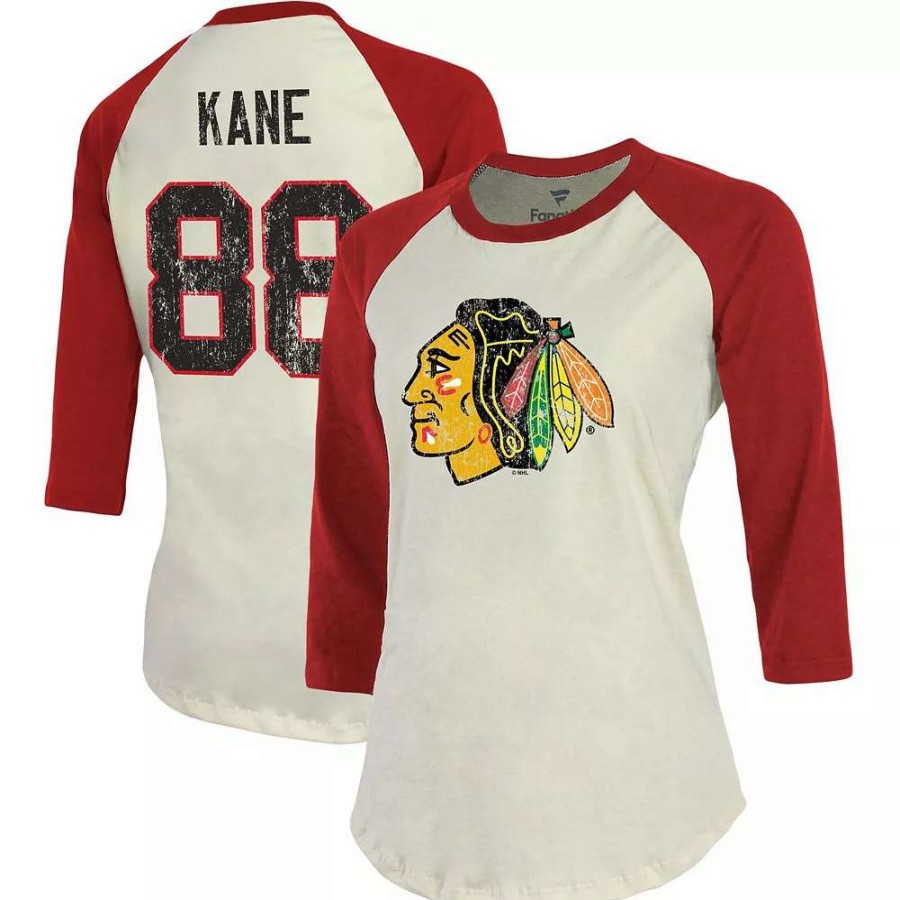 Tops * | Women'S Fanatics Branded Patrick Kane Cream/Red Chicago Blackhawks Name & Number Tri-Blend Raglan 3/4-Sleeve T-Shirt