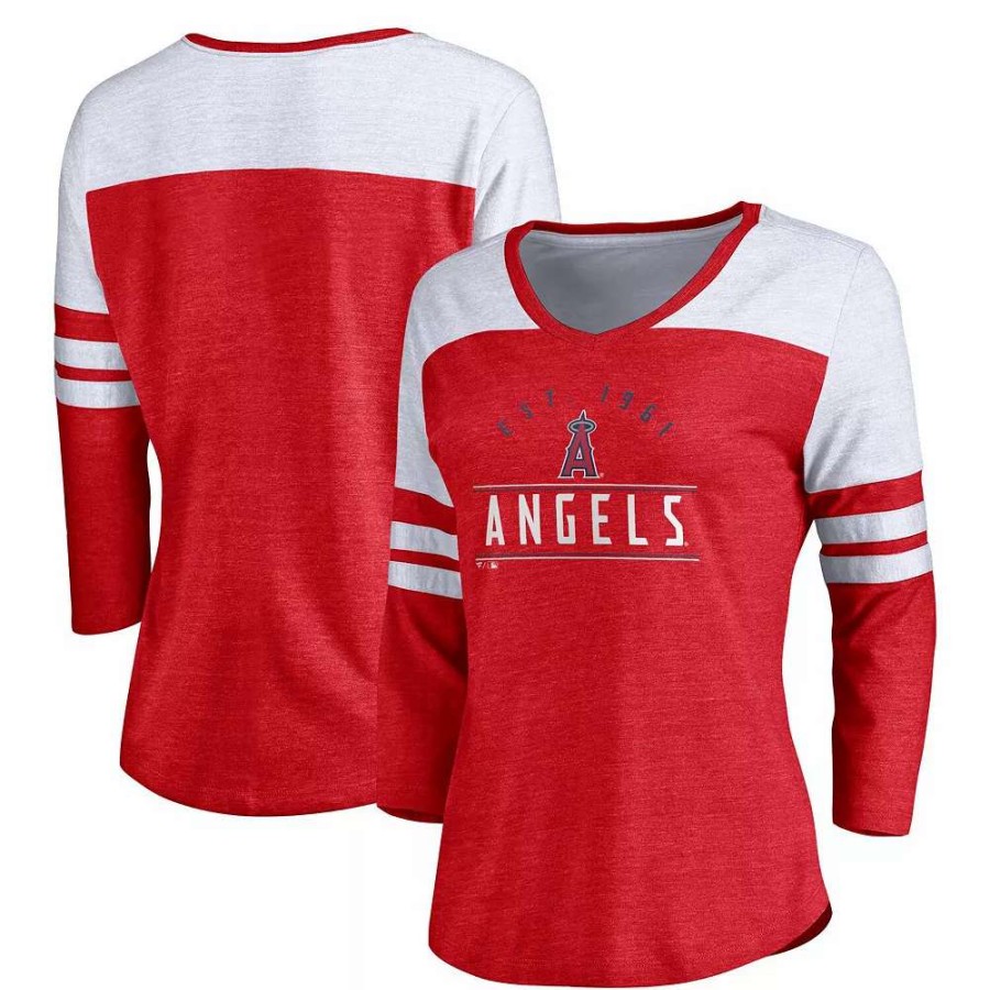 Tops * | Women'S Fanatics Branded Heather Red/White Los Angeles Angels League Leader Tri-Blend Three-Quarter Sleeve V-Neck T-Shirt