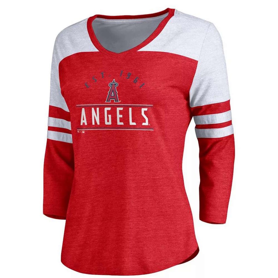 Tops * | Women'S Fanatics Branded Heather Red/White Los Angeles Angels League Leader Tri-Blend Three-Quarter Sleeve V-Neck T-Shirt