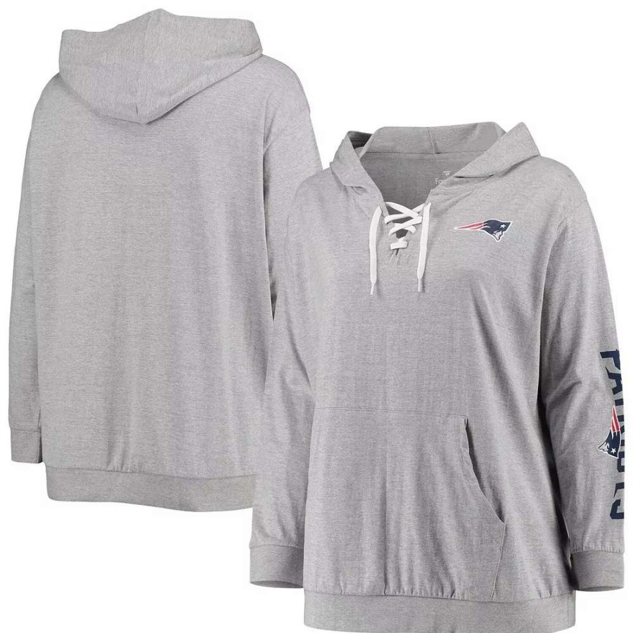 Tops * | Women'S Fanatics Branded Heathered Gray New England Patriots Plus Size Lace-Up Pullover Hoodie