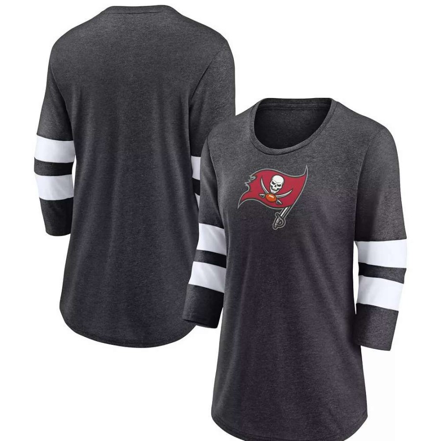 Tops * | Women'S Fanatics Branded Heathered Charcoal Tampa Bay Buccaneers Primary Logo 3/4 Sleeve Scoop Neck T-Shirt