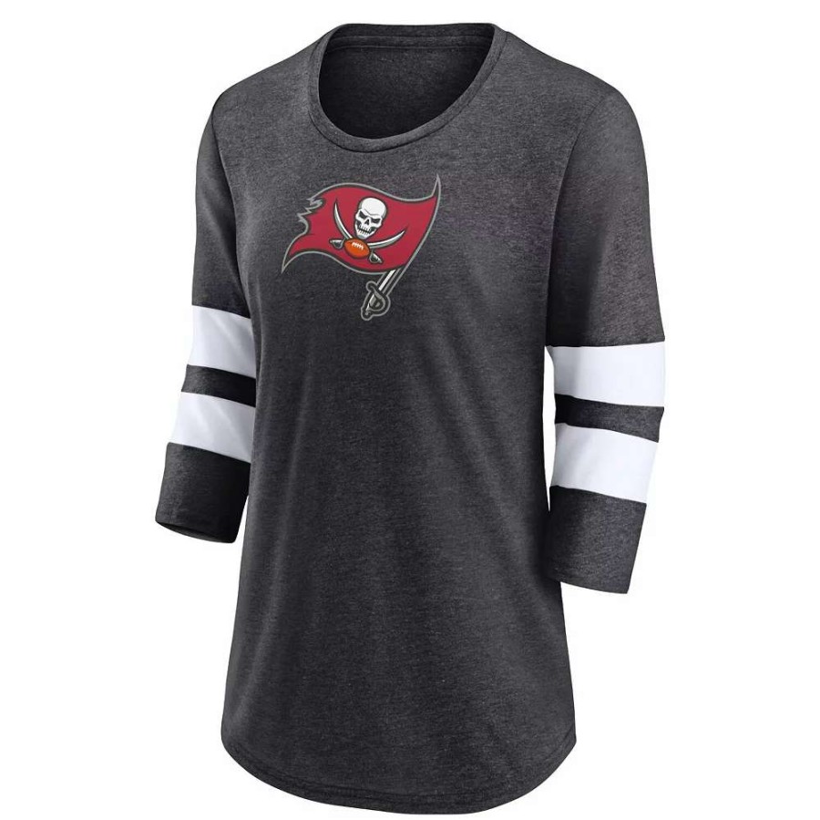 Tops * | Women'S Fanatics Branded Heathered Charcoal Tampa Bay Buccaneers Primary Logo 3/4 Sleeve Scoop Neck T-Shirt